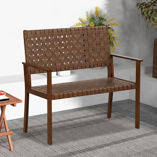 Tangkula Patio Loveseat Bench, Outdoor All Weather Bench with Solid Rubber Wood Frame & Hand Woven PU Leather, Indoor Outdoor 2-Seater Conversation Chair for Backyard, Garden, Poolside