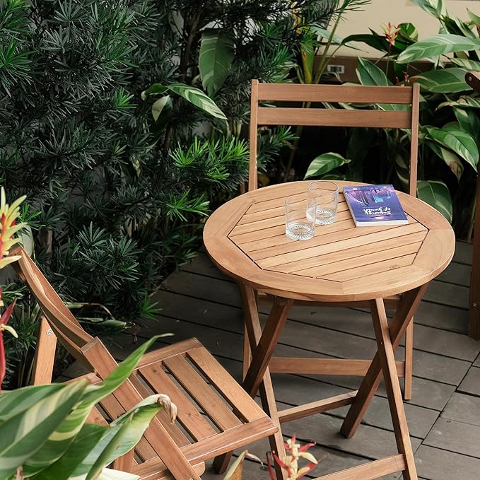 Acacia Wood Round Table, Foldable Waterproof Large, Collapsible Rustic Outdoor Wooden Coffee Tables for Patio Lawn Deck Balcony Bathroom-Natural