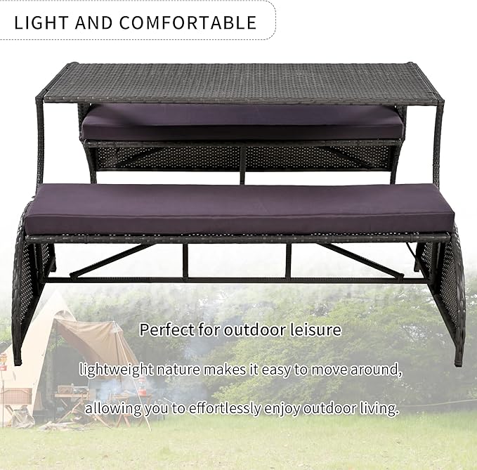 57.1" 2-in-1 Convertible Picnic Upholstered Bench Table, Outdoor Loveseat Picnic Table Couch, Foldable to 4 Seats & 1 Table, Multifunctional Patio Seating for Garden Lawn Backyard Porch（grey）