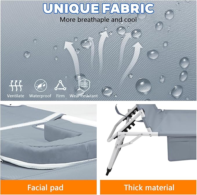 3-in-1 Heavy Duty Tanning Chair with Face Hole Adjustable 5-Position Folding Chaise Lounge Chairs Portable Lay Flat Beach Lounge Chair for Outdoor Sunbathing Patio Pool Lawn Camping Deck (Gray)