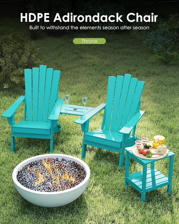 GREENVINES Folding-Adirondack-Chairs-Set-of-2 | HDPE Plastic | Throne Series | Fire Pit Chair | with Connecting Tray | Removable Table | All Weather | for Outdoor Patio Deck Poolside | Aqua
