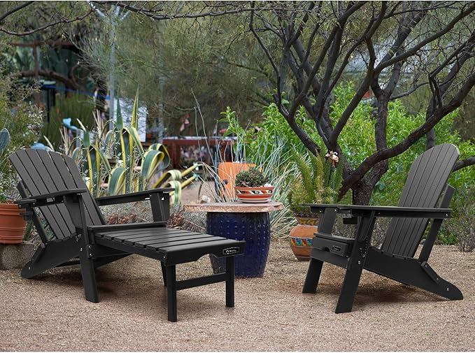 FUNBERRY Adjustable Folding Adirondack Chairs Set of 2 with Retractable Ottoman, All Weather Fire Pit Chairs with Cup Holder