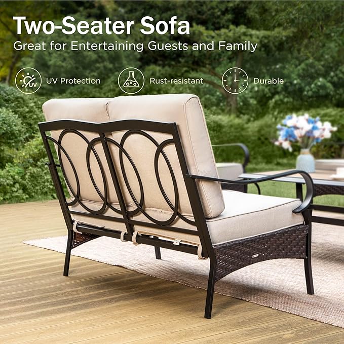 PHI VILLA Wicker & Metal Outdoor 2-Seat Patio Couch, Patio Sofa Loveseat with Deep Seating for Front Porch, Deck - Photo 3