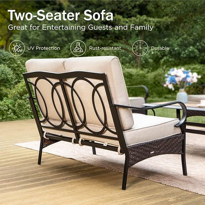 PHI VILLA Wicker & Metal Outdoor 2-Seat Patio Couch,Patio Sofa Loveseat with Deep Seating for Front Porch, Deck, Balcony, Backyard, Sunroom，Beige