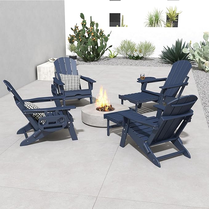 FOOWIN Adirondack Chair with Retractable Ottoman,HDPE Folding Adjustable Adirondack Chair w/4 in 1 Cup Holder Trays,All-Weather Resistant Fire Pit Chair for Outdoor Patio Lawn Set of 4