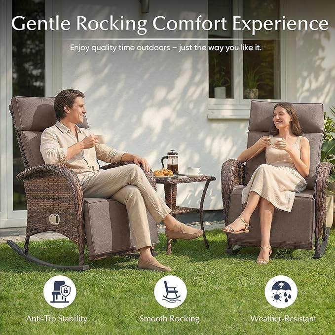 Belord 3 Piece Wicker Patio Furniture Set - Outdoor Swivel Rocker Recliner Chair with Adjustable Backrest & Footrest, All Weather Reclining Lounge Chair with Thick Cushion for Pool Deck Garden Grey