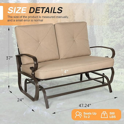 Incbruce Outdoor Glider Rocking Chair Patio Glider Bench for 2 Person, Porch Loveseat Seating Patio Steel Frame Chair Set with Cushion for Porch, Patio, Garden (Brown)
