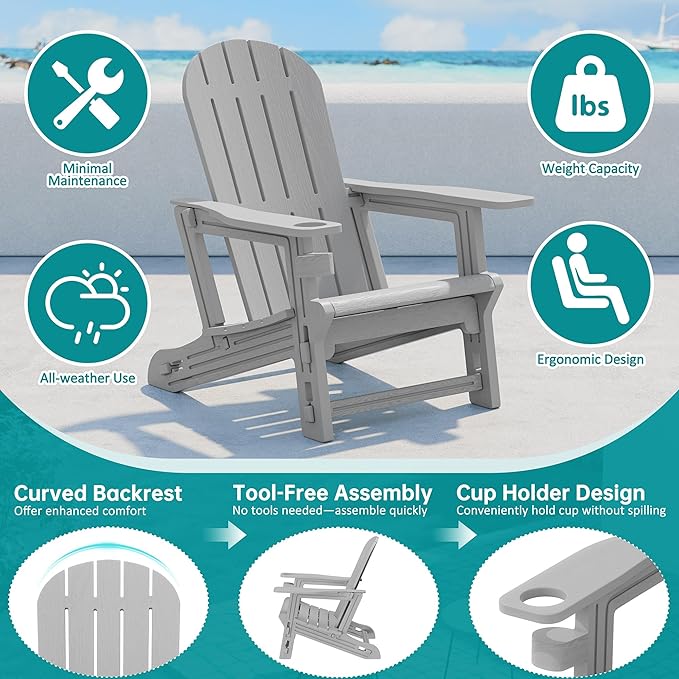 Shintenchi Adirondack Chairs Set of 2,HDPE Adirondack Chairs w/Removable Tablelop & Umbrella Hole,All-Weather Wooden Textured Plastic Outdoor Chairs w/Cup Holders for Garden Backyard Pool,Light Gray