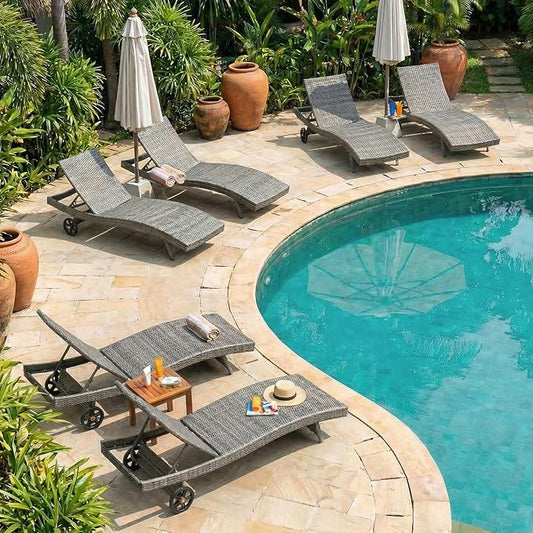 Wicker Outdoor Lounge Chairs with Rolling Wheels, Pool Lounge Chairs Set of 6, Rattan Outdoor Lounger with Pull Out Side Table, Adjustable Backrest Patio Chaise Lounges, Gray