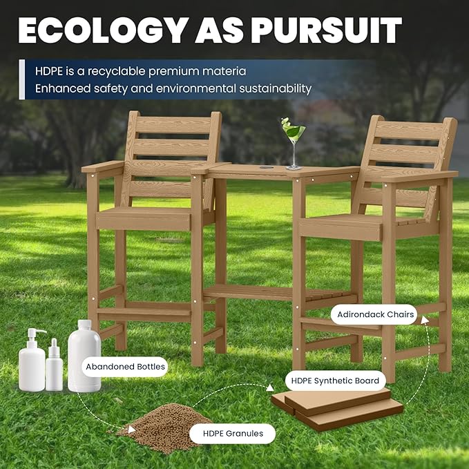 PLUUV Tall Adirondack Chairs Set of 2, All Weather HDPE Poly Bar Height Balcony Adirondack Chair with Removable Double Connecting Trays, Outdoor Adirondack Barstools for Deck, Patio, Yard, Pool, Lawn