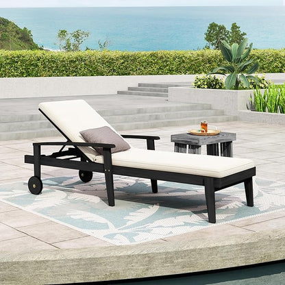 Outdoor Chaise Lounge Chair, Pool Lounge Chairs with Wheels, 5-Position Adjustable Backrest & Wood Frame, Patio Lounge Chair for Pool Poolside Sunbathing Backyard Beach (Black White)