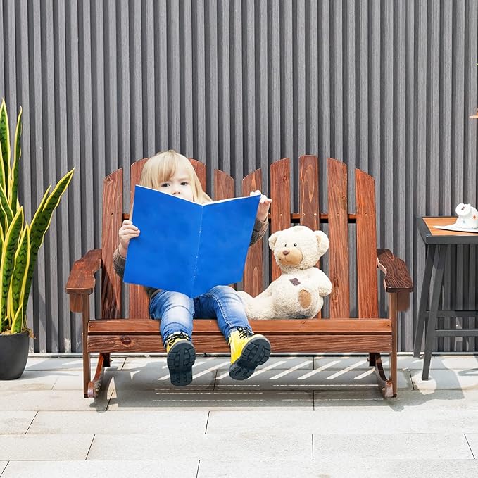 Giantex 2-Person Adirondack Rocking Chair - Kids Outdoor Rocking Bench with Slatted Seat, High Backrest, 220LBS Weight Capacity, Kids Patio Rocker for Balcony, Yard, Poolside (1, Coffee)