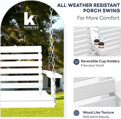 KINGYES Outdoor Hanging Porch Swing Set of 2, Waterproof Swing with Cup Holders for Courtyard & Garden, 660LBS Weight Capacity, White