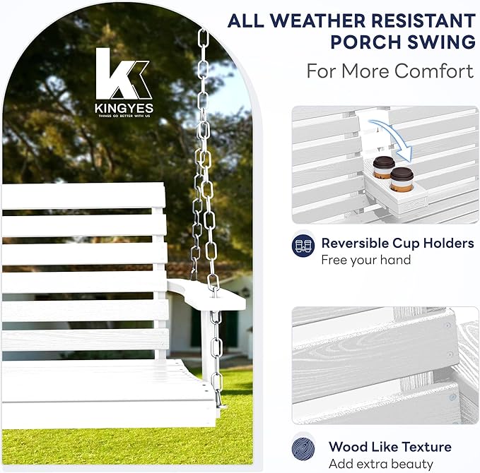 KINGYES Outdoor Hanging Porch Swing, Waterproof Swing with Cup Holders for Courtyard & Garden, 660LBS Weight Capacity - Photo 3