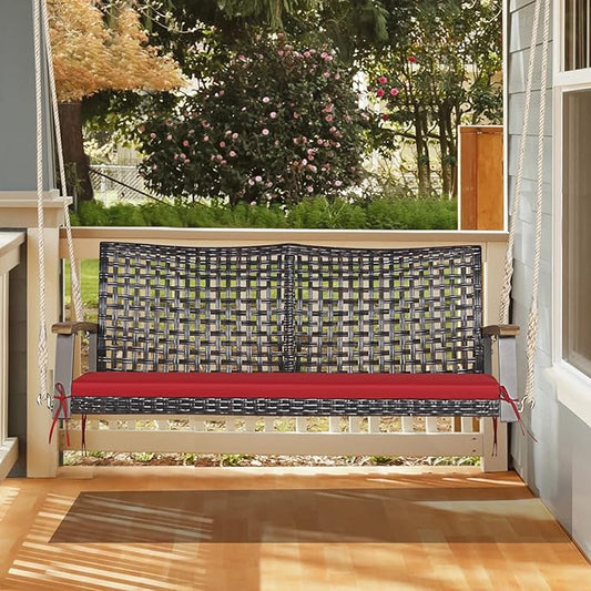 Tangkula 2 Person PE Wicker Porch Swing Bench, Outdoor Hanging Swing with Soft Seat Cushion and Hanging Ropes(Length of 118" for Each Chain), 800 LBS Weight Capacity