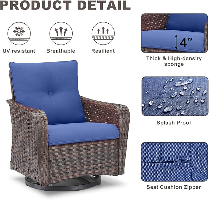 Rilyson Outdoor Patio Swivel Rocker Chairs - 2 PC Wicker Rattan Patio Rocker Glider Chair Set with High Back,Comfy Cushions and Deep Seating for Porch Deck Backyard Garden(Brown/Blue)