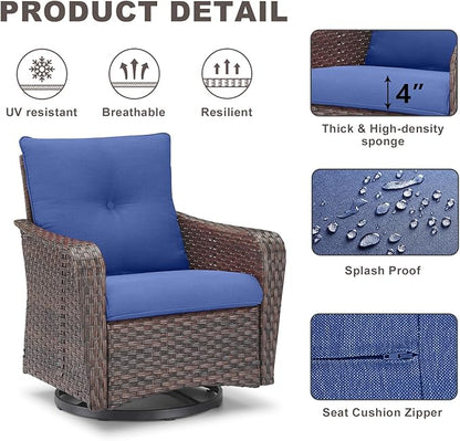 Rilyson Outdoor Patio Swivel Rocker Chairs - 3 PC Wicker Patio Bistro Sets with High Back,Comfy Cushions, Deep Seating and Side Table for Porch Deck Backyard Garden(Brown/Blue)