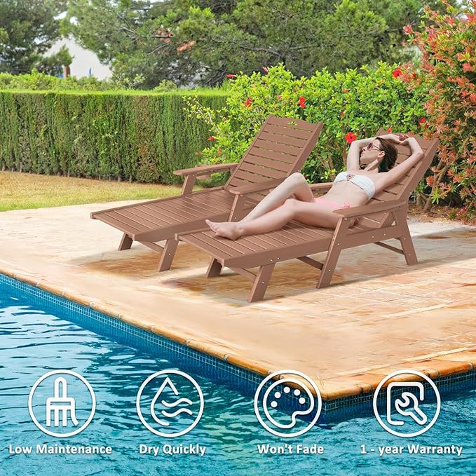 nalone Chaise Lounge Outdoor with 5-Position Adjustable Backrest & Cup Holder, HDPE Lounge Chair for Outside Supports Up to 400 LBS, Pool Lounge Chairs for Patio Poolside Deck Beach Backyard (Teak)