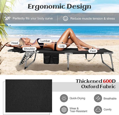 GYMAX Tanning Chair, Folding Lounger with Face/Arm Holes, Carry Handles & Side Pocket, Portable Lightweight Layout Beach Chair for Outdoor/Indoor, Face Down Sun Lounger (2, Black)