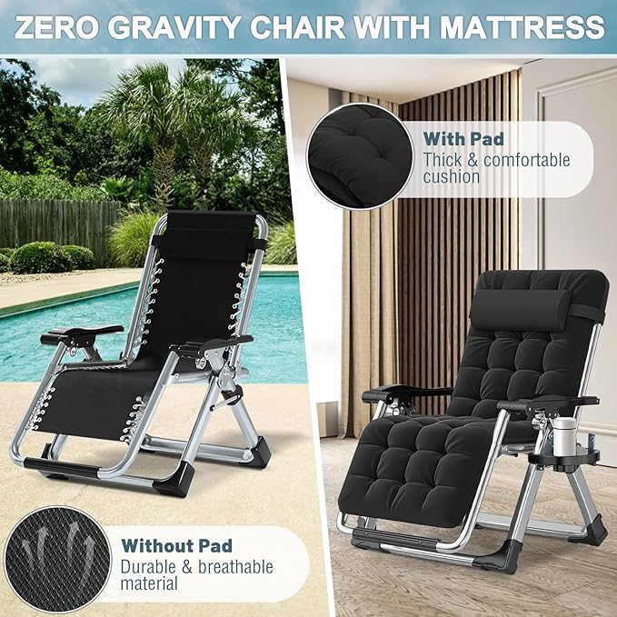 ABORON Zero Gravity Chair Set of 2, Outdoor Lounge Chairs Sun Loungers with Removable Cushion, Headrest, Cup Holder - Photo 5
