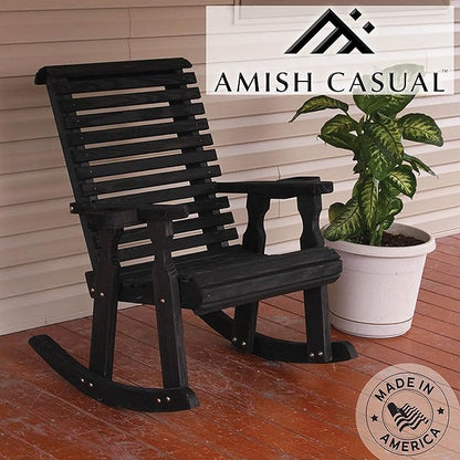 Amish Heavy Duty 600 Lb Roll Back Pressure Treated Rocking Chair with Cupholders (Semi-Solid Black Stain)