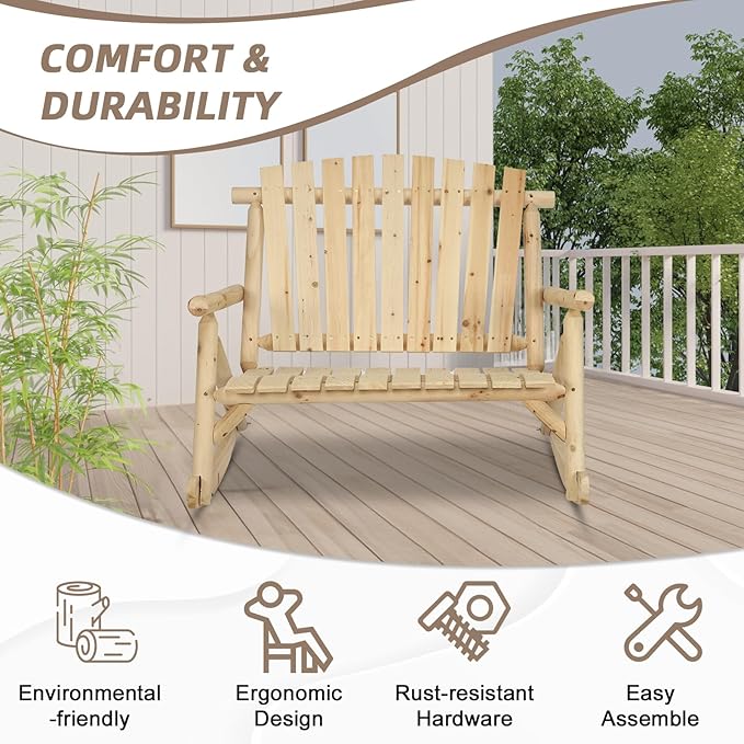 Outdoor Double Wooden Rocking Bench, Adirondack Porch Rocker Chair for 2 Persons, Patio Rustic Log Rocker Loveseat with High Slatted Seat & Backrest for Deck, Backyard, Garden, Natural