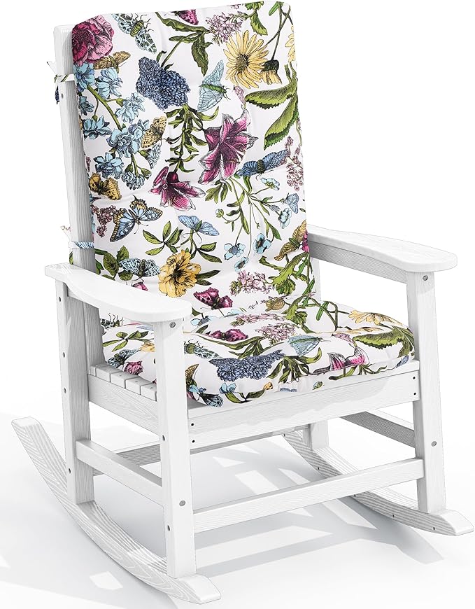 SERWALL SEWALL Oversized Outdoor Rocking Chair with Cushion, Patio Rocking Chairs for Porch, White HDPR Rocker+Flower Cushion