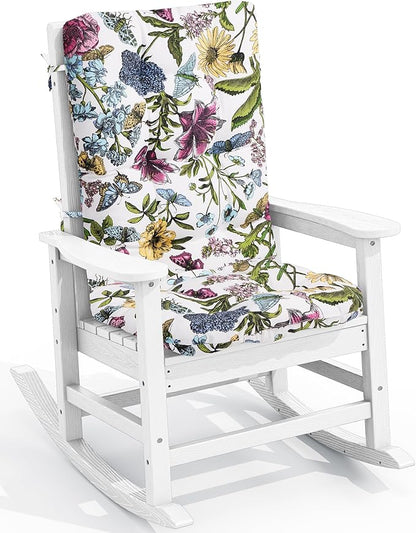 SERWALL SEWALL Oversized Outdoor Rocking Chair with Cushion, Patio Rocking Chairs for Porch, White HDPR Rocker+Flower Cushion