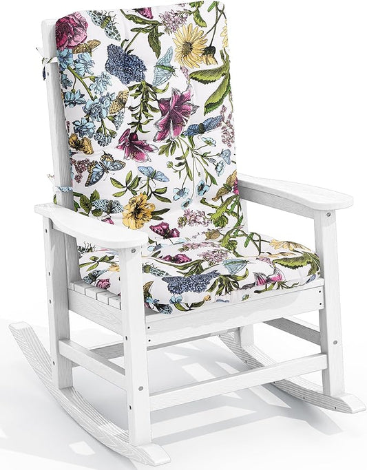 SERWALL SEWALL Oversized Outdoor Rocking Chair with Cushion, Patio Rocking Chairs for Porch, White HDPR Rocker+Flower Cushion