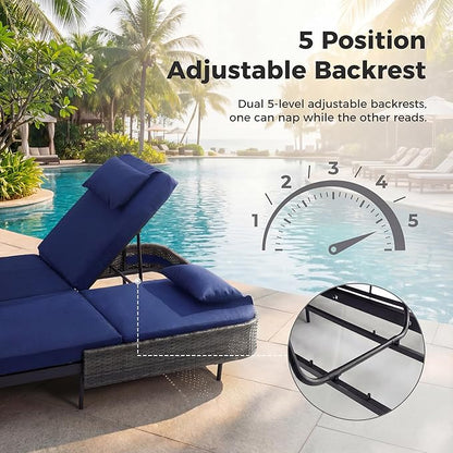 RADIATA 51.2" Outdoor Loveseat Sofa Bed, PE Wicker Patio Daybed with 2-Person Double Chaise Lounge, Independent 5-Position Adjustable Backrest, All-Weather Poolside Furniture