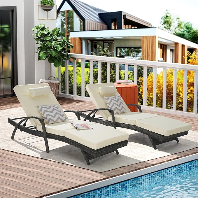 KEIKI Wicker Outdoor Chaise Lounge Chairs Set of 2 for Patio & Pool Side with 5-Level Adjustable Backrest and Cushions - Photo 3