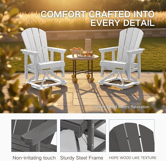 Kingdura Adirondack Swivel Glider Chair, HDPE Patio Glider Rocking Chair for Outdoor, All-Weather Glider Chair for Porch Balcony Lawn Poolside, 450LBS Capacity (White)