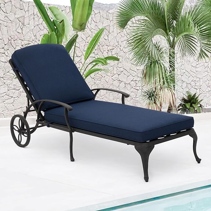 HOMEFUN Outdoor Chaise Lounge Chair with Cushion - Poolside Set of 1 Chair for Outside Cast Aluminum Waterproof Lounger with Wheels and Adjustable Reclining (Navy Blue Cushion)