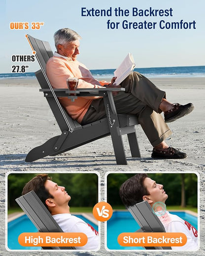 Adirondack Chair with Cup Holder: Folding Adirondack Chairs Set of 4 Plastic HDPE Material Furniture - Modern Composite Fire Pit Chairs Foldable for Outdoor/Backyard/Garden/Lawn/Deck/Porch