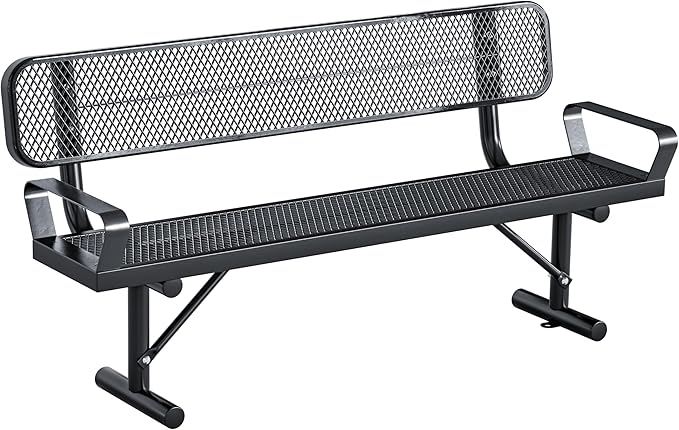 6Ft Outdoor Bench with Armrests & Back Portable Frame, Outdoor Steel Park Bench with Backrest, Expanded Metal Mesh Bench for Outside, Lawn, Backyard, Park, Deck, Garden, Patio, Porch, Black