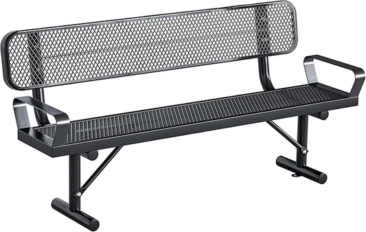 6Ft Outdoor Bench with Armrests & Back Portable Frame, Outdoor Steel Park Bench with Backrest, Expanded Metal Mesh Bench for Outside, Lawn, Backyard, Park, Deck, Garden, Patio, Porch, Black
