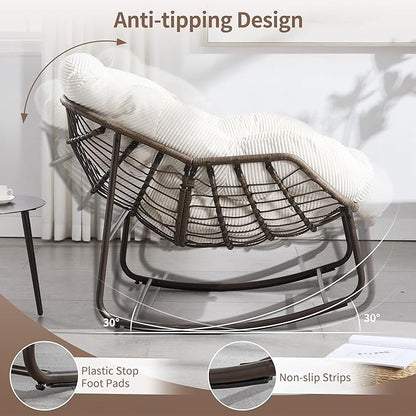 HOMEFUN Outdoor Patio Rocking Chairs Set of 2, Oversized Papasan Rock Chair Indoor with Striped Velvet Padded Cushion - Rocker Egg Seat for Front Porch, Garden, Patio, Backyard White