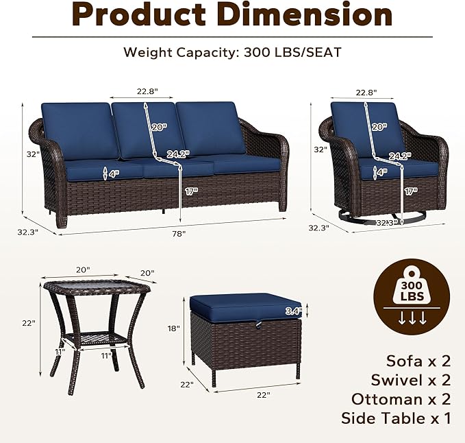 8 Piece Patio Wicker Conversation Set, All-Weather Use Outdoor Wicker Sofa with 2 PE Rattan Ottomans, 4 Swivel Chair - Photo 2