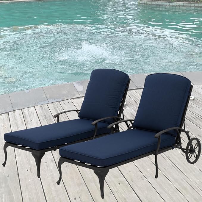 Chaise Lounge Outdoor Chair with Wheels, Adjustable Reclining Rust-Resistant Aluminum Cast Poolside Chaise Lounge Furniture Set of 2, Waterproof Denim Blue Cushion