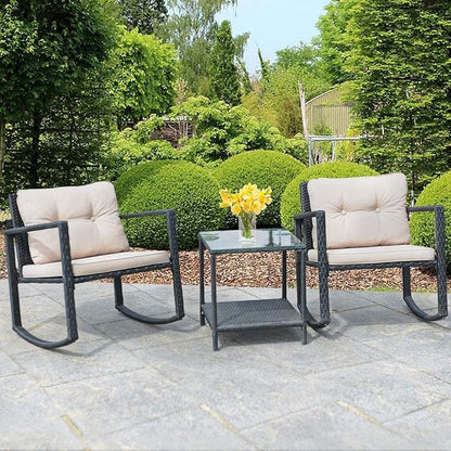 HAPPYGRILL 3-Piece Rocking Bistro Set Outdoor Patio Rocking Chairs with Coffee Table, Rattan Wicker Furniture Conversation Set for Garden Lawn Backyard Balcony
