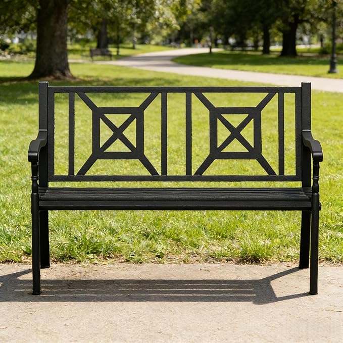 SHGJ&SOFT Garden Bench,Outdoor Bench,Porch Bench,Cast Iron Metal Frame Patio Park Bench,Patio Bench with Backrest and Armrests for Front Porch,Patio,Park,Outdoor Garden,Backyard,Lawn