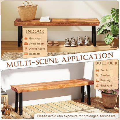Tangkula Outdoor Acacia Wood Bench, Patio Dining Picnic Bench with Steel Legs for Porch Garden Poolside Living Room Balcony, Ideal for Indoor & Outdoor Use (1, Teak)