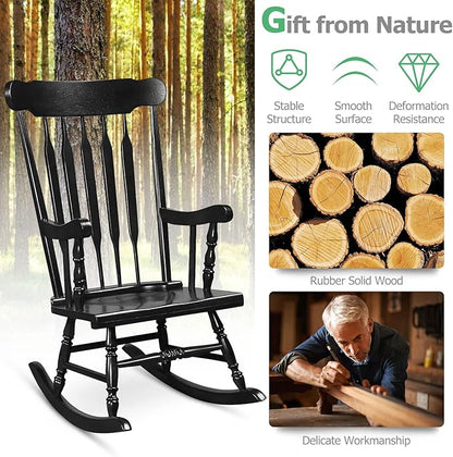 Tangkula Patio Rocking Chair Solid Rubber Wood, Outdoor Porch Rocker Chair with Rubber Wood Frame, Indoor Wooden Rocking Chair, Ideal for Garden, Backyard & Balcony (2, Black)