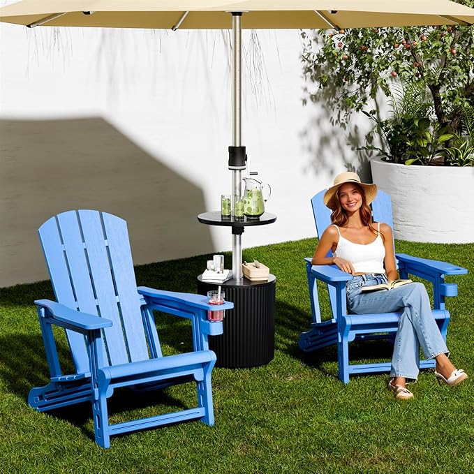 Adirondack Chairs Set of 2, Plastic Outdoor Adirondack Chair with Cup Holder, 400 LBS Capacity Recliner Chair Garden Chair for Patio Backyard Lawn Beach, Klein Blue