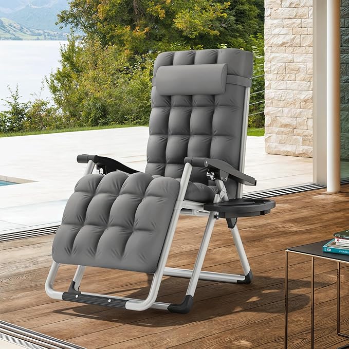 MoNiBloom Beach Chaise Lounge Chair, Patio Folding Recliner with Removable Cushion, Headrest & Tray - Photo 8