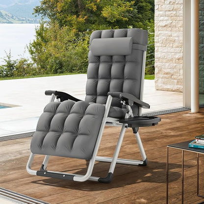 MoNiBloom Beach Chaise Lounge Chair, Patio Folding Recliner with Removable Cushion, Headrest & Tray, Portable Tanning Sunbathing Chair for Poolside Beach Porch Yard, Reinforced Bar, 330lbs Grey