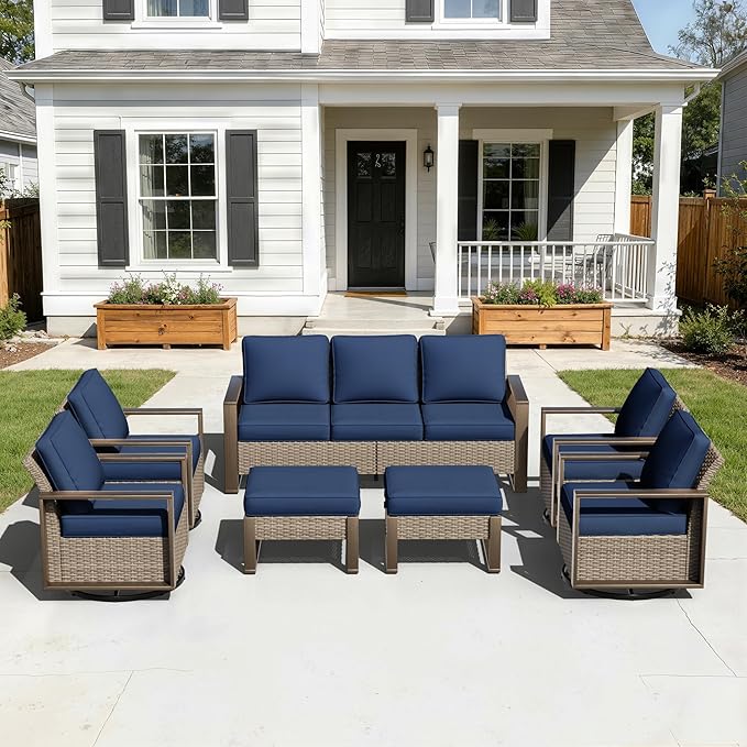 7 Pieces Metal Wicker Patio Furniture Set - 75" Sofa, Four Swivel Chairs and Two Ottomans - Photo 8