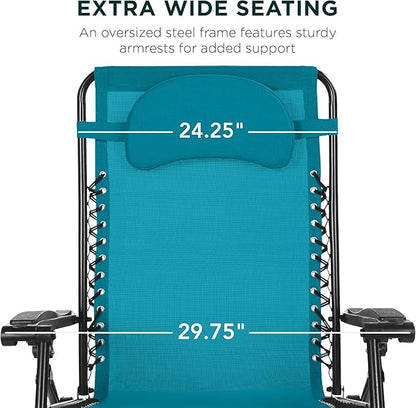 Best Choice Products Oversized Zero Gravity Chair, Folding Outdoor Patio Lounge Recliner w/Cup Holder Accessory Tray, Pillow - Peacock Blue