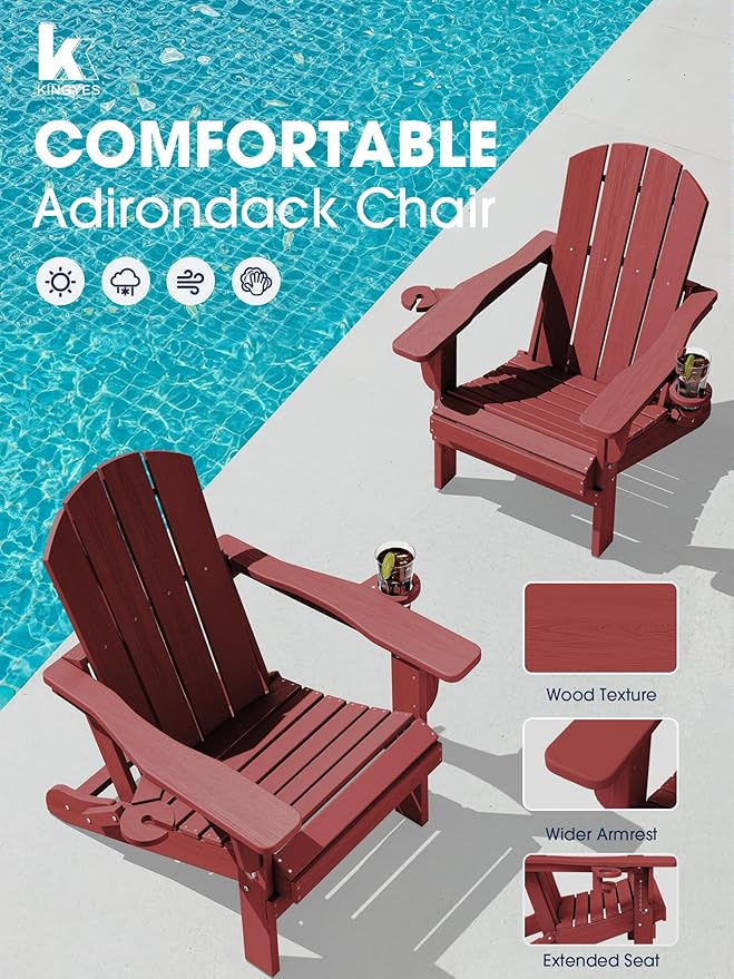 KINGYES Folding Adirondack Chair with Dual Cup Holders - HDPE All-Weather Outdoor Chairs, Wood-Like Patio Chair for Backyard, Camping, Pool & Fire Pit, Dark Red