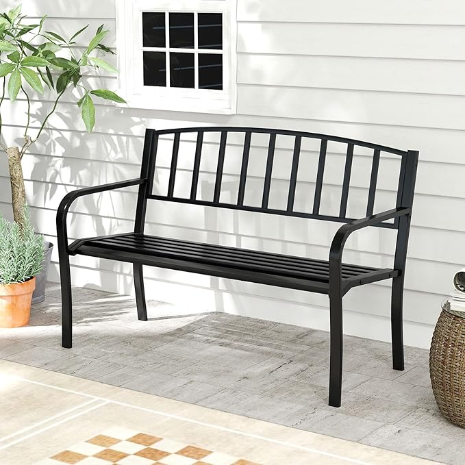 Giantex Metal Outdoor Bench, Patio Garden Bench with Backrest, Curved Armrests, Slatted Seat for 2-3 Persons, 660 LBS, Heavy-Duty Outside Seating Loveseat for Yard, Porch, Park, Black